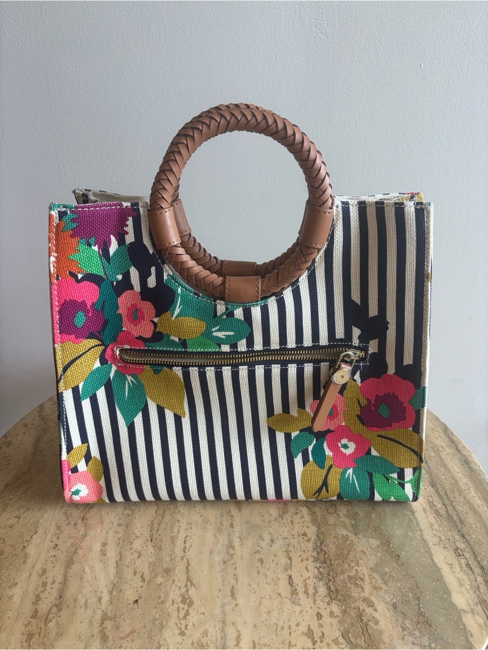 Spartina 449 Navy & White Stripe Floral Tote Purse with Braided Leather Handle